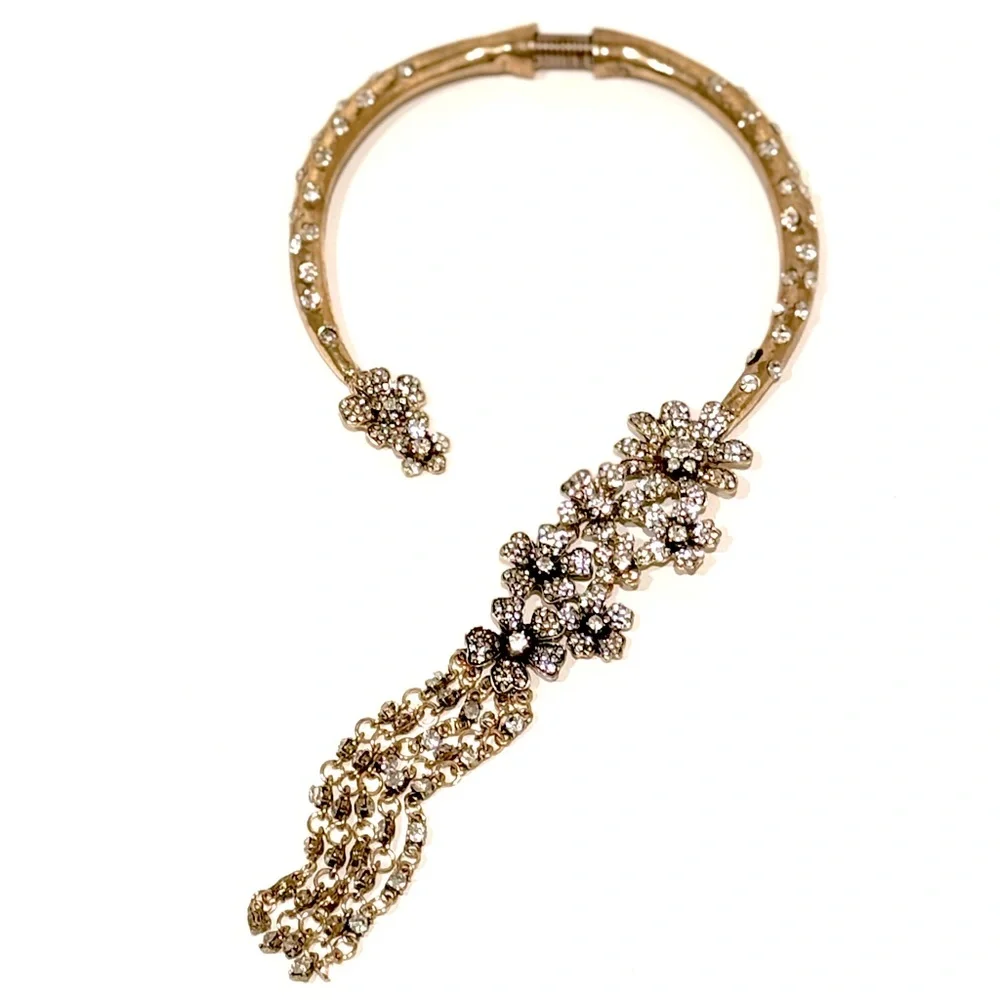 GOLDEN GLAM GODDESS | Designer Floral Crystal Waterfall Collar Necklace | NWT - Picture 3 of 8